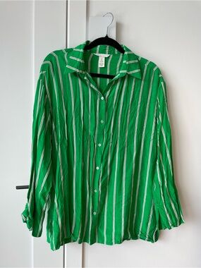 TWO PIECE SET: Green Vertical Stripe Button-Up Shirt and matching pants